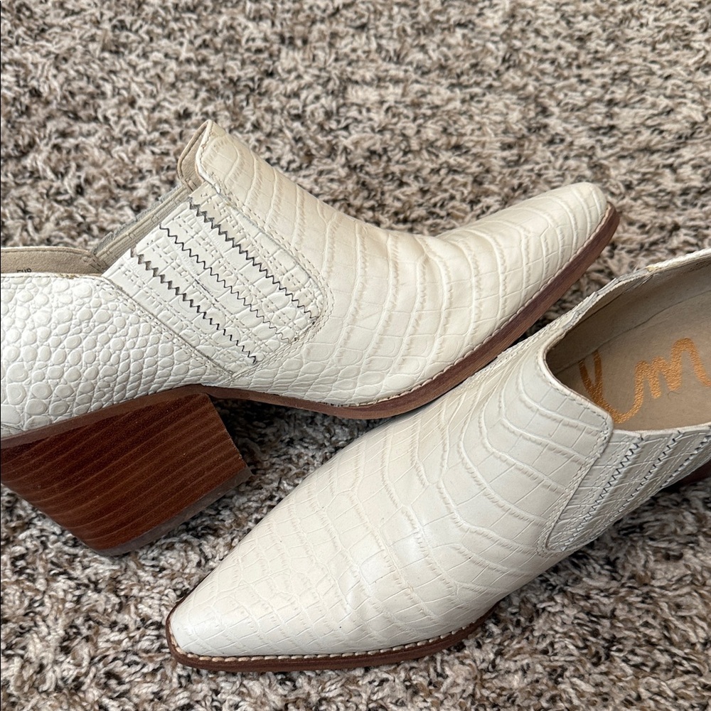 Sam Edelman Cream Croc-Embossed Pointed Toe Block Heel Booties